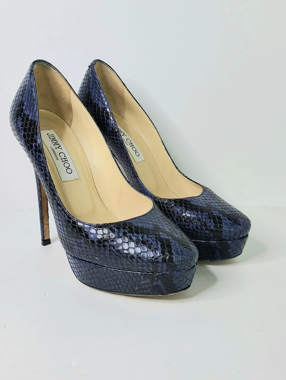 Jimmy Choo London Cosmic Navy Embossed Snakeskin Print Leather Platform Pumps